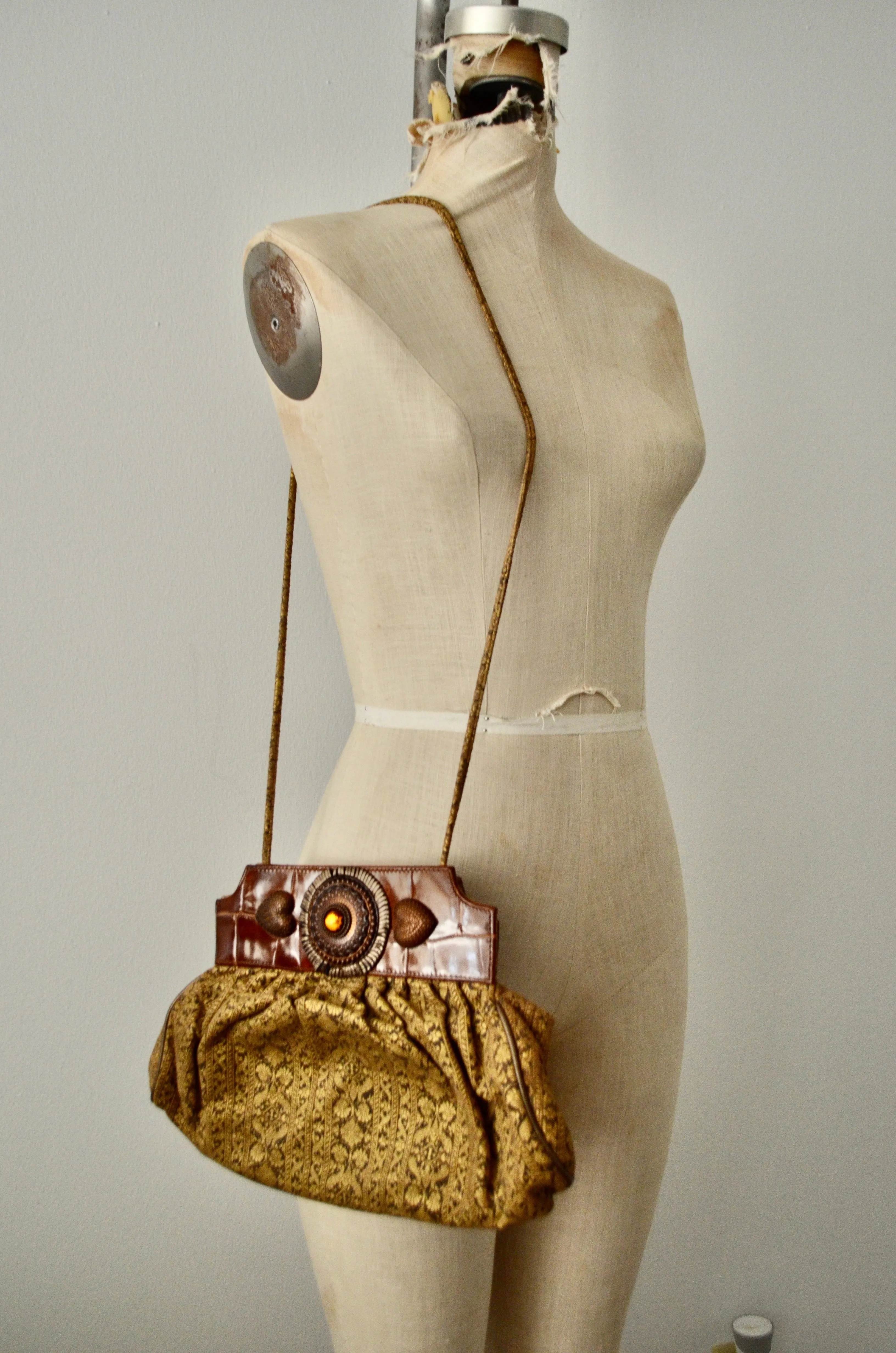 Vintage 80’s “BRACCIALINI” Upholstery Fabric Medallion Leather Shoulder Clutch Bag Made in Italy