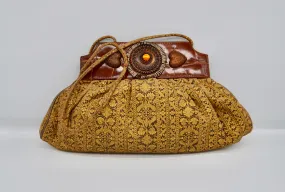 Vintage 80’s “BRACCIALINI” Upholstery Fabric Medallion Leather Shoulder Clutch Bag Made in Italy