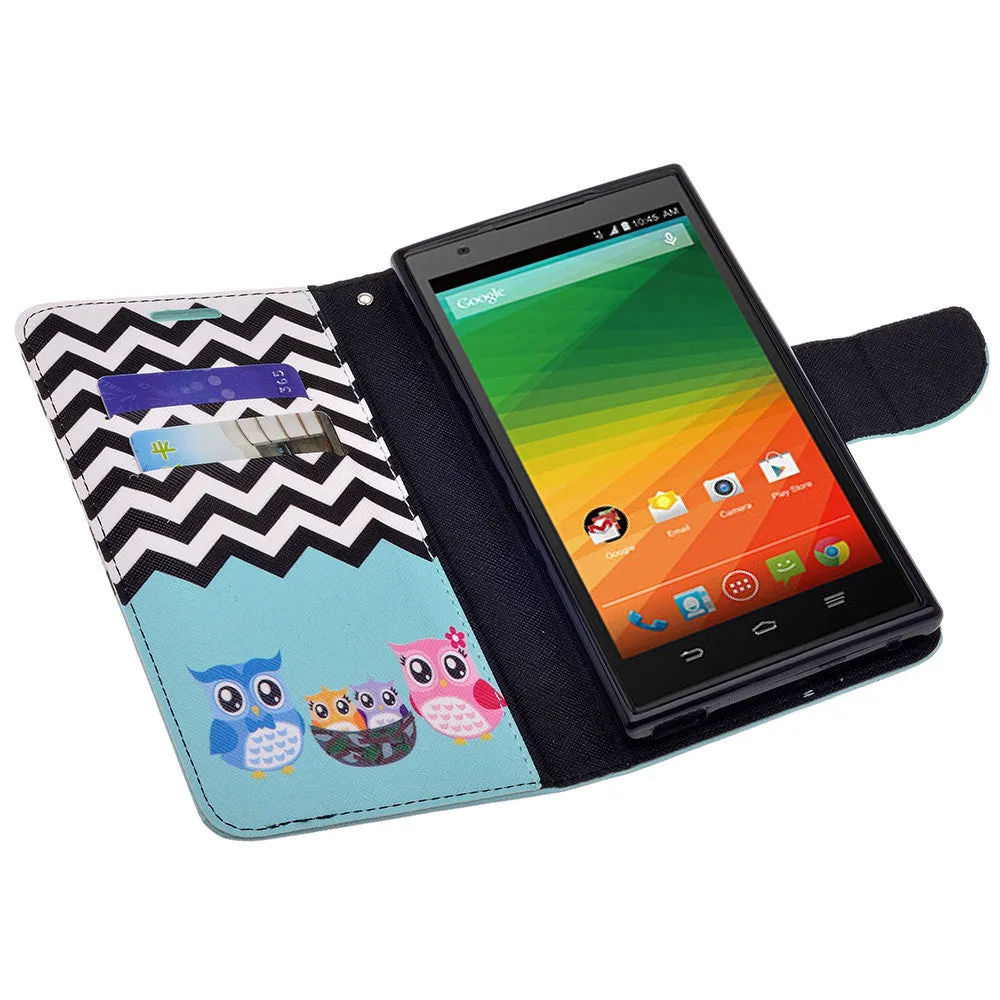 ZTE ZMAX Case, Wrist Strap Magnetic Fold[Kickstand] Pu Leather Wallet Case with ID & Credit Card Slots for ZTE ZMAX - Teal Owl Family